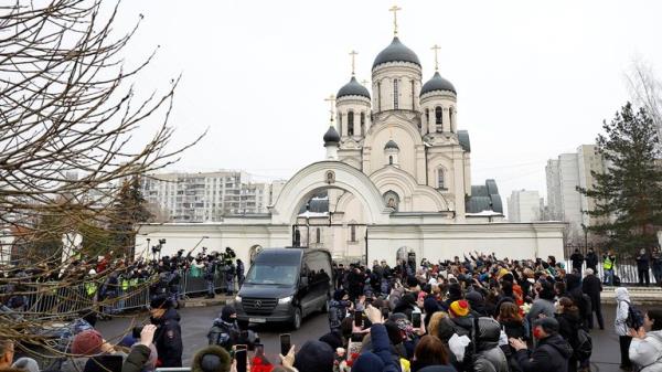 Anatoly Navalny, right, and Lyudmila Navalnaya, parents of Russian opposition leader Alexei Navalny walk to the Church of the Icon of the Mother of God Soothe My Sorrows, in Moscow, Russia, Friday, March 1, 2024. Relatives and supporters of Alexei Navalny are bidding farewell to the opposition leader at a funeral in southeastern Moscow, following a battle with authorities over the release of his body after his still-unexplained death in an Arctic penal co<em></em>lony. (AP Photo)