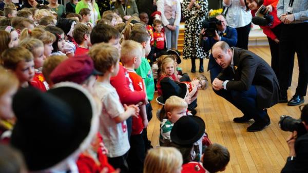 The Prince of Wales meeting pupils at Ysgol Yr Holl Saint/All Saint's School in Wrexham Pic: Ben Birchall / PA 