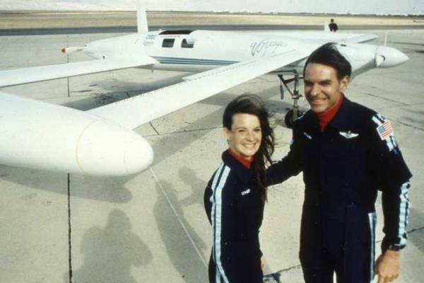 FILE - Co-pilots Dick Rutan, right, and Jeana Yeager, no relatio<em></em>nship to test pilot Chuck Yeager, pose for a photo after a test flight over the Mojave Desert, Dec. 19, 1985. Rutan, a decorated Vietnam War pilot, who along with copilot Yeager completed one of the greatest milesto<em></em>nes in aviation history: the first round-the-world flight with no stops or refueling, died late Friday, May 3, 2024. He was 85. (AP Photo/Doug Pizac, File)