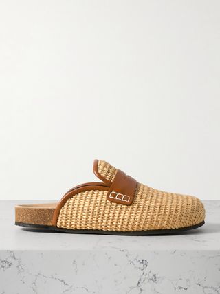 Leather-Trimmed Raffia Mules