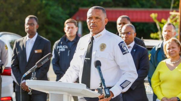 Charlotte-Mecklenburg Police Chief Johnny Jennings speaks at a press co<em></em>nference after multiple officers were shot while serving a warrant in Charlotte, North Carolina., Monday, April 29, 2024. (AP Photo/Nell Redmond)
