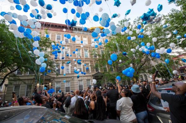 Blue and white balloon release