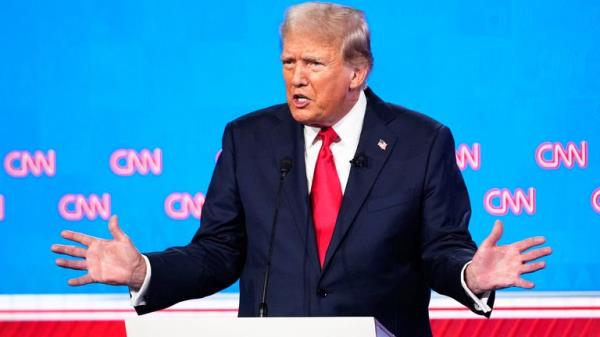Republican presidential candidate former President Do<em></em>nald Trump speaks during a presidential debate with President Joe Biden, Thursday, June 27, 2024, in Atlanta. (AP Photo/Gerald Herbert)