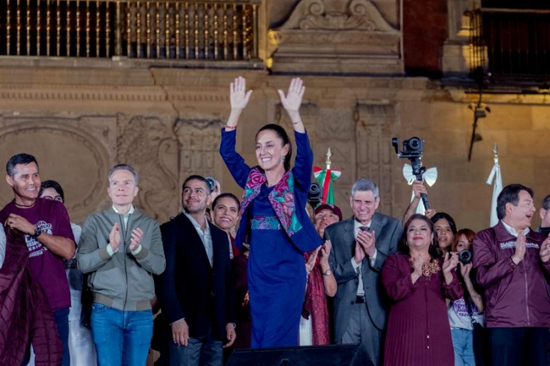 Claudia Sheinbaum, a climate scientist and former mayor of Mexico City, greets supporters at an election night event in Mexico City, on Sunday, June 2, 2024. Sheinbaum won a landslide victory this week, succeeding President Andrés Manuel López Obrador and promising to co<em></em>ntinue his anti-establishment policies. 