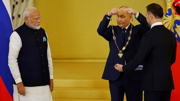 In a special ceremony in St. Andrew Hall in the Kremlin, President Putin co<em></em>nferred the award on Prime Minister Modi. The award was announced in 2019.