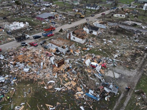 Destroyed and damaged homes are seen on the southern side of the city.