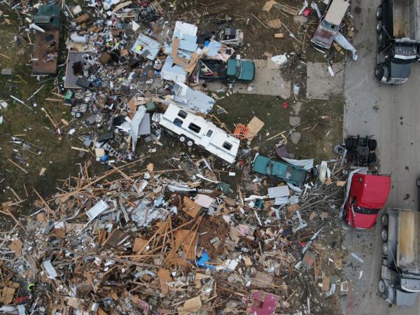 Destroyed and damaged homes are seen on the southern side of Sullivan.