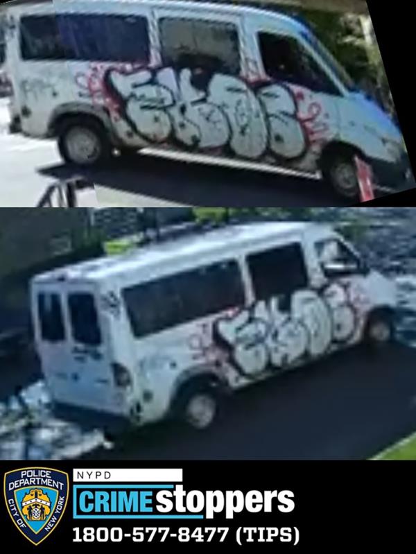 A photo of the white, graffiti-covered van allegedly used by the suspect.