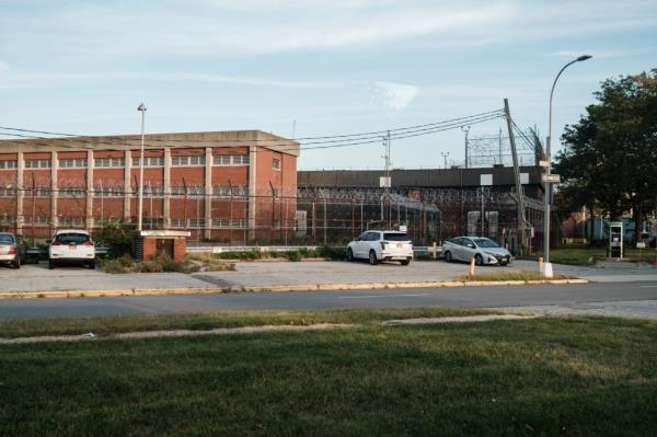 A view of Rikers Island buildings from the press bus.
