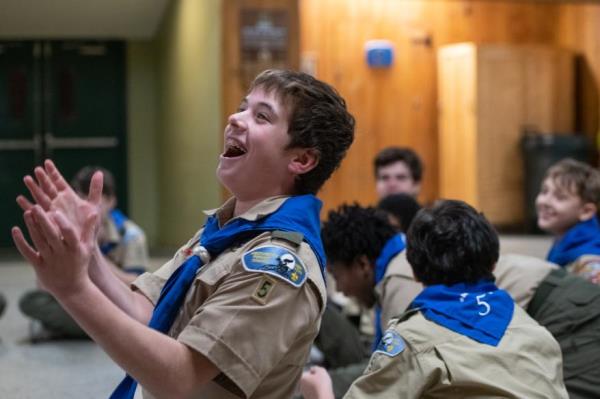 People enter the migrant relief center at Brooklyn Cruise Terminal on Feb. 2.