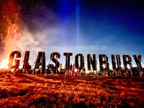 Letters spelling out Glasto<em></em>nbury on display at the 2022 music festival. Elton John is set to perform during the 2023 festival.