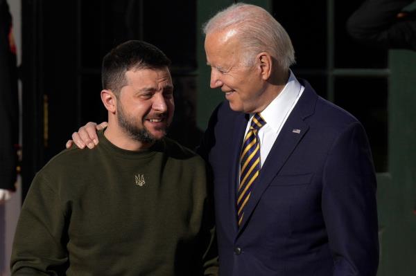 A picture of President Biden and President Zelensky of Ukraine.