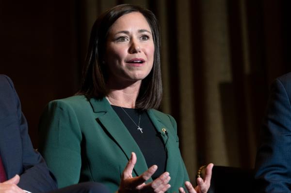Sen. Katie Britt speaks during an interview with the Associated Press at Capitol Hill in Washington on May 3, 2023.