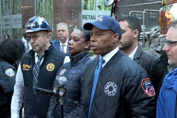 Eric Adams gives a press co<em></em>nference on the collapse.
