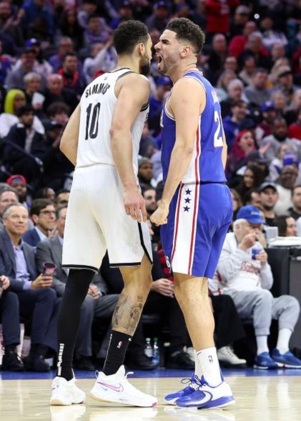 Sixers forward Georges Niang reacts to Ben Simmons #10 of the Brooklyn Nets at Wells Fargo Center on Jan. 25, 2023 in Philadelphia, Pennsylvania.