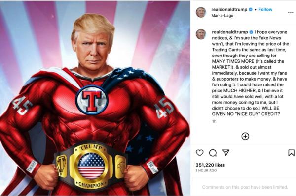The NFT posts feature Trump pictured holding the Liberty Bell and dressed as a super hero.