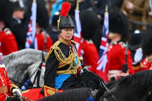 Princess Anne rides a horse following the coro<em></em>nation ceremony at Westminster Abbey.