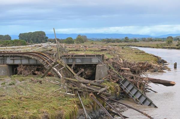 Damage to the railway line at Awatoto is seen on February 16, 2023 in Napier, New Zealand.