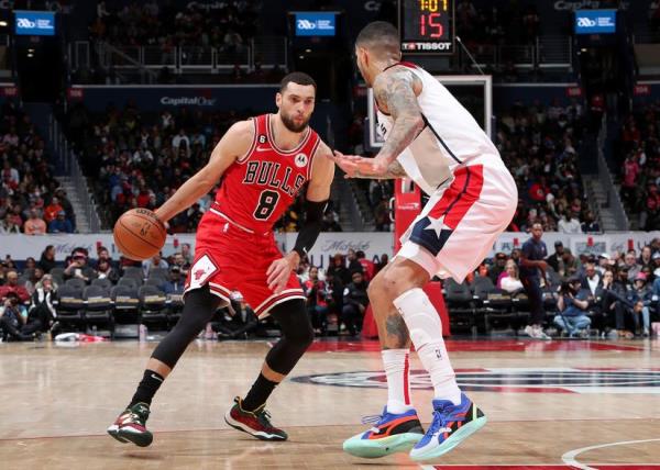 Bulls guard Zach LaVine drives to the basket against the Wizards on Jan. 11, 2023 at Capital One Arena in Washington, DC.