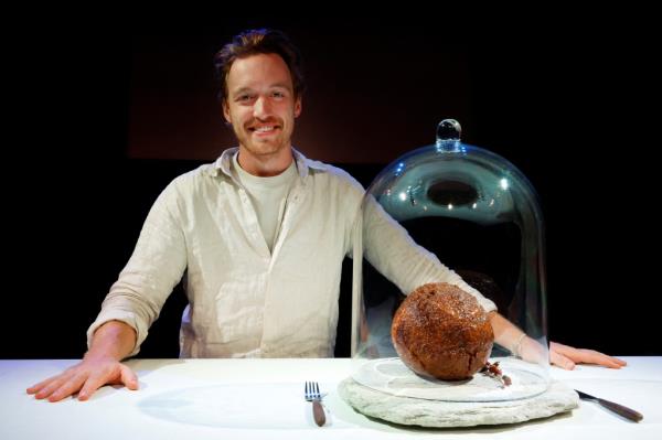 Founder of Australian cultured meat company Vow, Tim Noakesmith shows a meatball made from flesh cultivated using the DNA of an extinct woolly mammoth.