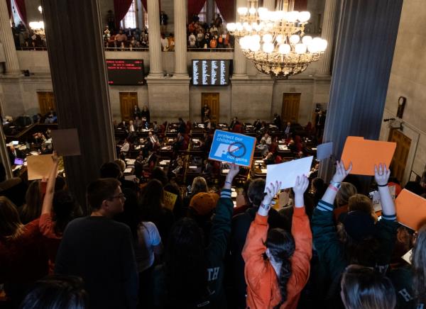 Gun co<em></em>ntrol protesters inside the Tennessee State Capitol on March 30, 2023.