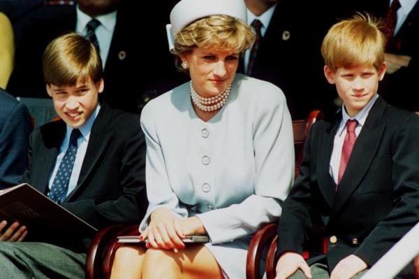 Princess Diana, with her sons Prince William and Prince Harry at the Heads of State VE Remembrance Service in Hyde Park on May 7, 1995, in London, England.