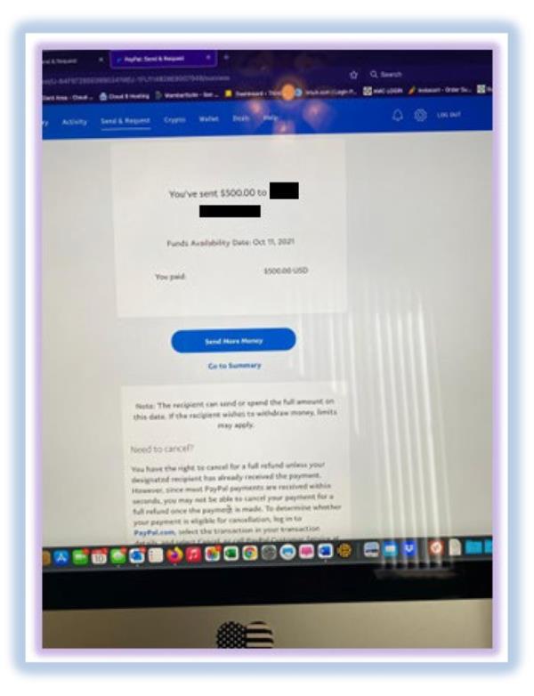 Segovia's computer screen showing a WhatsApp message