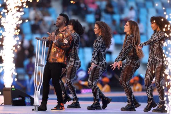 Jason Derulo performs during the opening ceremony before the first match between Dubai Capitals and Abu Dhabi Knight Riders in the DP World ILT20 at Dubai Internatio<em></em>nal Stadium on January 13, 2023 in Dubai, United Arab Emirates.
