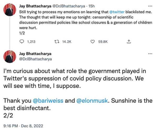 A screenshot of Dr. Jay Bhattacharya's tweets.