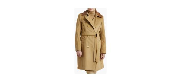 best Ralph Lauren Tie Waist Faux Leather Trim Wool Blend Coat