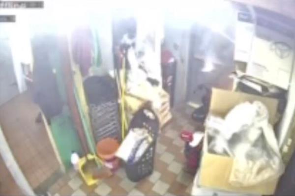 Footage shows the moment the e-bike begins to catch fire and quickly grow into an inferno.