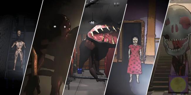 Lethal Company - Split Image of various monsters, in order from left to right: Coil Head, Bracken, Eyeless Dog, Ghost Girl, Jester