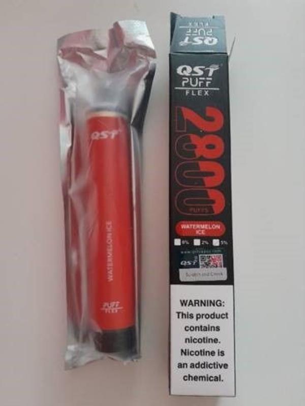 QST Puff Flex 2800 puffs 5% nicotine electro<em></em>nic cigarette in the sub-brands (flavours): Red Bull, Peach Ice, Blueberry on Ice, Watermelon Ice and Mango Ice. Photo: HSE