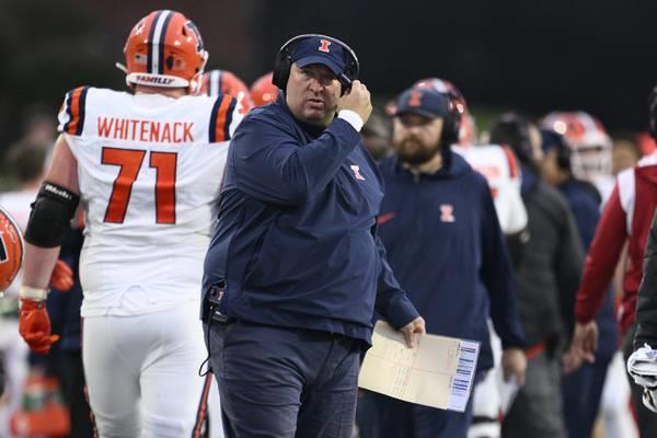 Illinois coach Bret Bielema during a game against Maryland on Oct. 14, 2023, in College Park, Md.