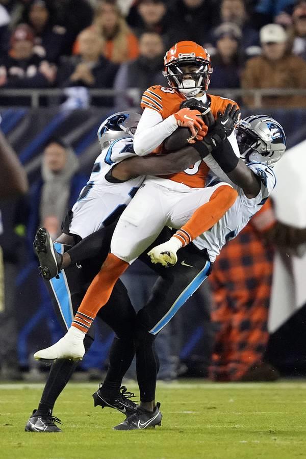 Bears wide receiver Tyler Scott (13) makes a catch between two Panthers defenders during the first half of a game on Nov. 9, 2023.