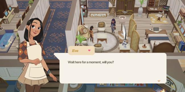 Eva talking to the player at Coral Inn during a heart event.