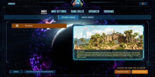 ark survival ascended server creation menu showing the island selected