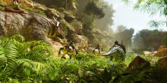 ark survival ascended players riding dinos through foliage in a group
