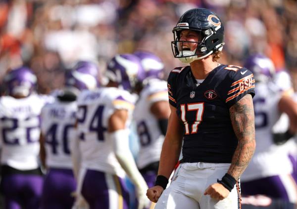 Bears quarterback Tyson Bagent celebrates after scoring a touchdown in the fourth quarter against the Vikings on Oct. 15, 2023, at Soldier Field.