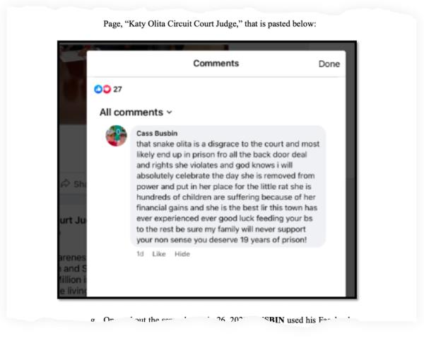 A snippet from the complaint against Cassidy Busbin, which shows a Facebook comment he allegedly made, calling a local judge a “snake” and a “disgrace to the court.”