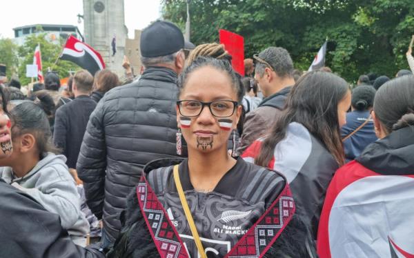 Hundreds turned out to protest against the government's policies, at ōtautahi's Bridge of Remembrance, in what has been described as Natio<em></em>nal Māori Action Day on 5 December, 2023. Pictured is Andrina Taukiri.