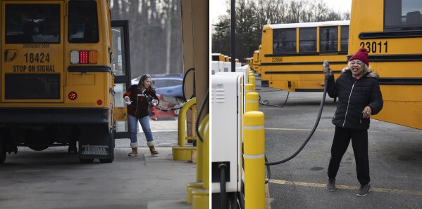 A diesel bus is filled with gas, left, and an electric bus is charged, right. (AP Photo/Tom Brenner)