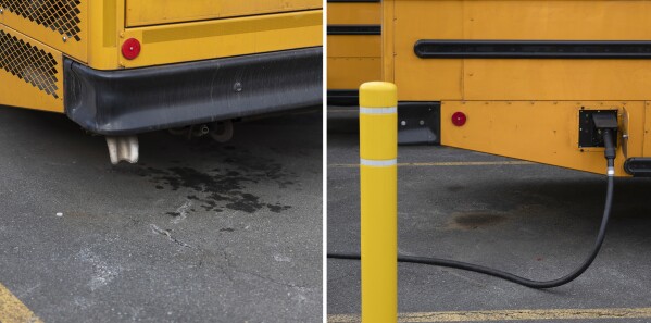 Gas is visible on the cement, left, and an electric bus is charged, right. (AP Photo/Tom Brenner)