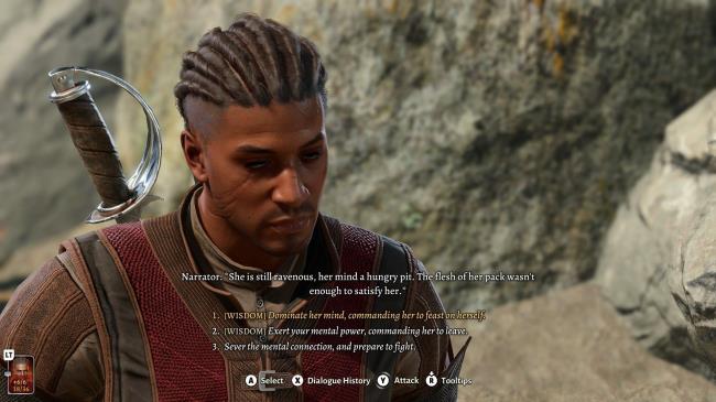 Wyll deciding whether to make Filind the Gnoll feed on herself or leave in Baldur's Gate 3.