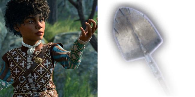 Baldur's Gate 3 Halfling Bard and Picture of Shovel
