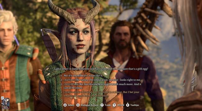A tiefling player tricking Lady Esther with the owlbear egg in Baldur's Gate 3.