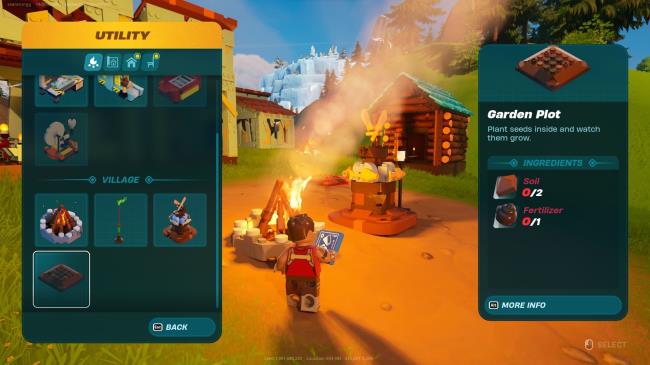 Lego Fortnite player with utility crafting open and selecting garden plot recipe