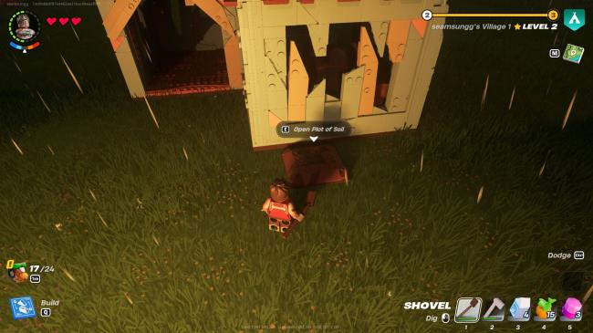 Lego Fortnite Player Facing plot of soil near shack in the rain