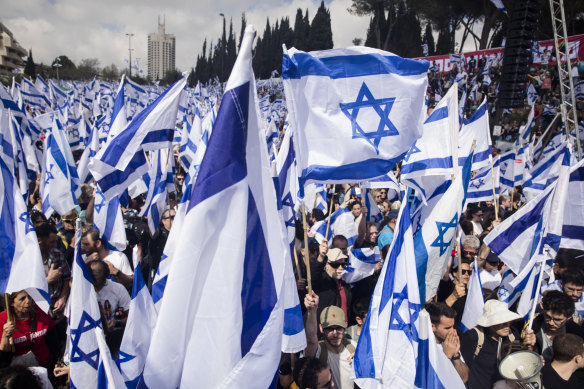 Thousands of Israelis attended a rally on Mo<em></em>nday against the government’s judicial overhaul.