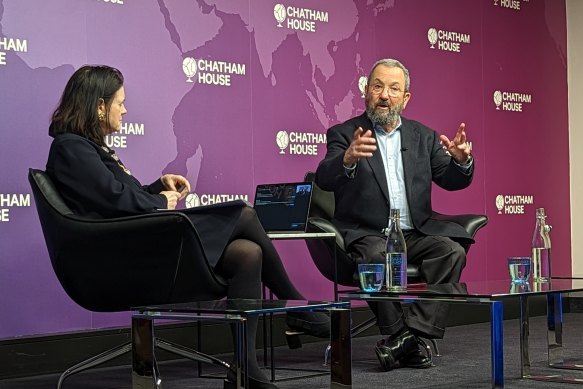 Former Israeli prime minister Ehud Barak speaking at Chatham House think tank in Lo<em></em>ndon on Monday.